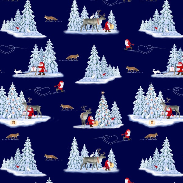 Tomten's Forest Friends Foxes on Dark Blue 100% Cotton Christmas Fabric from Lewis and Irene