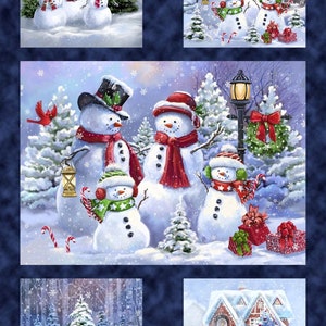 May include: A set of four winter holiday themed fabric panels featuring snowmen in various poses and settings. The panels are printed with a blue background and feature snowmen wearing hats, scarves, and holding lanterns. The snowmen are surrounded by snow, trees, and houses.