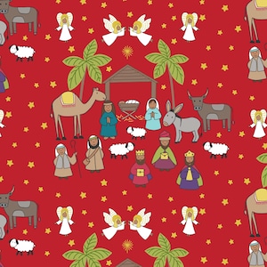 May include: A festive red pattern featuring a nativity scene with angels, stars, palm trees, and animals. The design includes a camel, donkey, ox, sheep, and the three wise men, creating a repeating pattern.