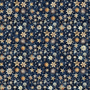 May include: A dark blue backdrop is patterned with numerous gold and cream stars. The stars vary in size and design, some with intricate details, others simpler. The overall effect is a celestial, textured design, reminiscent of a night sky.