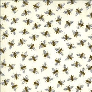 May include: A white fabric with a repeating pattern of black and yellow bees. The bees are in various positions, some facing left, some facing right, and some facing up.