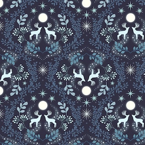 May include: A repeating pattern with white deer silhouettes, full moons, and starbursts on a dark blue backdrop. The design incorporates stylized leaves and floral elements in shades of blue and white, creating a whimsical, celestial theme.