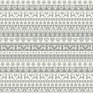 May include: A seamless pattern featuring a repeating design of white stylised hearts, snowflakes, stars, birds, and reindeer on a grey background.