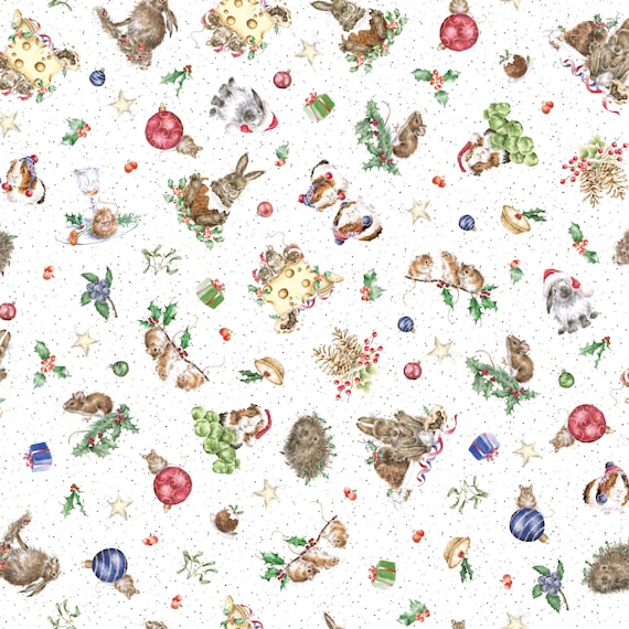 One Snowy Day: Furry Friends White 100% Cotton Christmas Quilting Animal Fabric by Hannah Dale for Maywood Studio