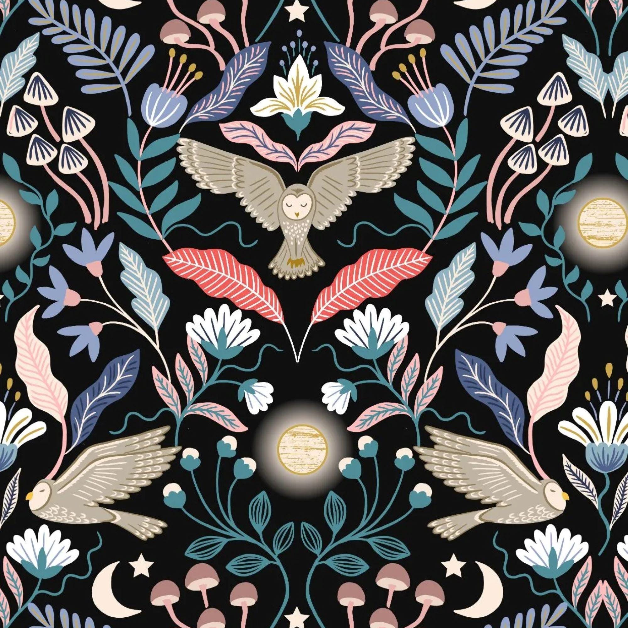Enchanted Owl on Midnight with Gold Metallic, 100% Cotton Quilting Fabric from Lewis and Irene
