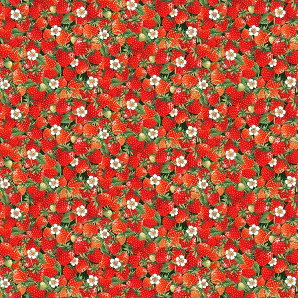 Strawberries from Makower's Summer Days collection, 100% cotton fabric perfect for quilting, patchwork, dressmaking and craft projects