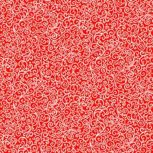 May include: A red background with a white, intricate, swirling pattern. The pattern is made up of small, delicate curls and swirls. There are also small, gold stars scattered throughout the pattern.