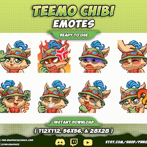 May include: A set of eight digital cartoon emotes featuring a character named Teemo from the video game League of Legends. The emotes are in a chibi style, which is a Japanese style of cartoon character design. The emotes are in various poses and expressions, including a thumbs up, a crying face, and a confused face. The emotes are available in three sizes: 112x112 pixels, 56x56 pixels, and 28x28 pixels.