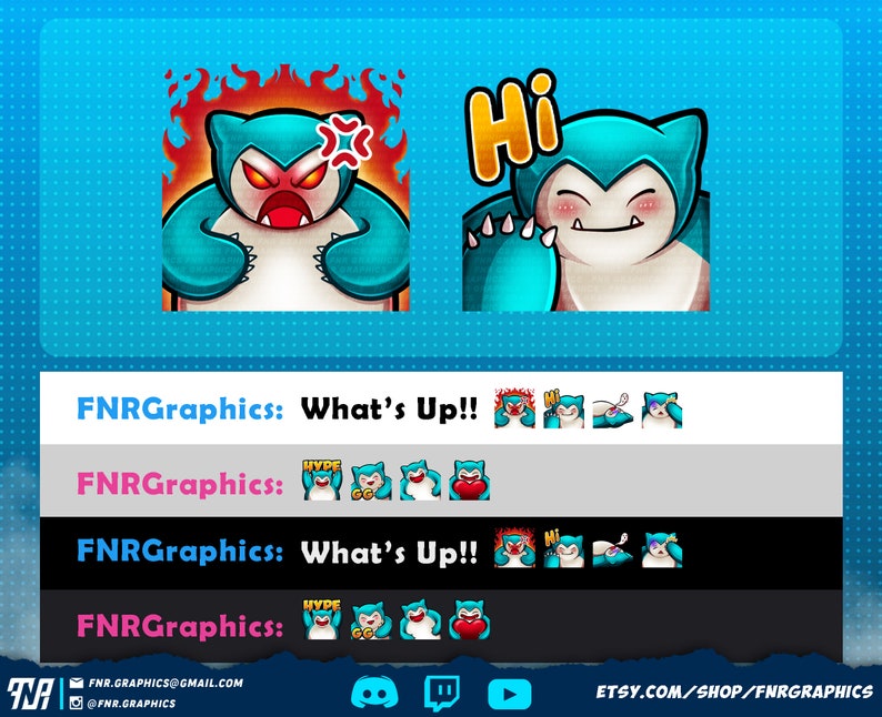 May include: A set of Twitch emotes featuring a blue and white cartoon character with different expressions. The character is in a variety of poses, including angry, happy, and surprised. The emotes are labeled "FNRGraphics: What's Up!!" and "FNRGraphics: HYPE".