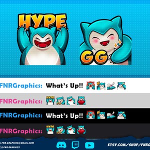 May include: A set of Twitch emotes featuring a blue and green cartoon character with different expressions. The emotes include "Hype", "GG", "Hi", "Pog", and "Love".