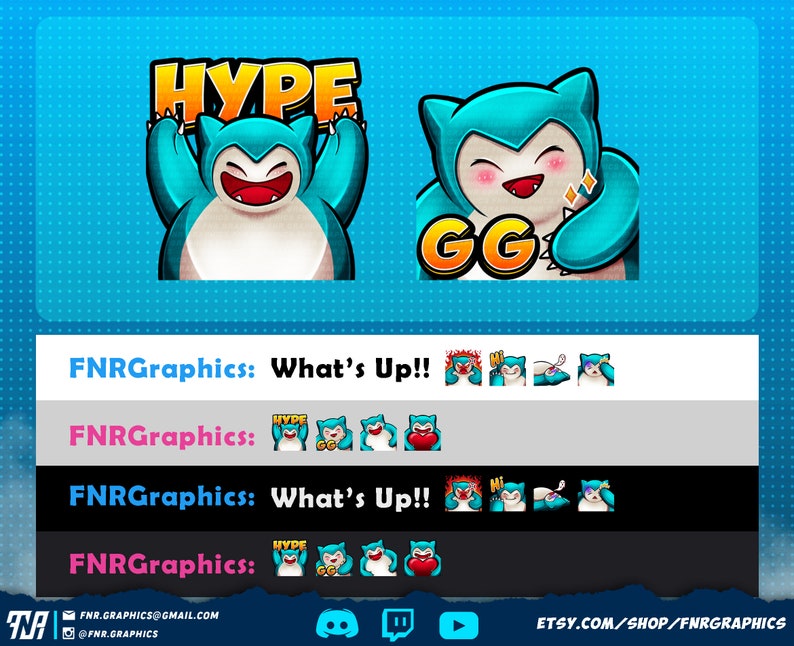 May include: A set of Twitch emotes featuring a blue and green cartoon character with different expressions. The emotes include "Hype", "GG", "Hi", "Pog", and "Love".