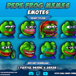 Puede incluir: Un conjunto de ocho emotes de meme de Pepe la Rana en varias expresiones, incluyendo sorprendido, sonrojado, enojado, sudando, susurrando, riendo, llorando y pulgar hacia arriba. Los emotes están en un formato de cuadrícula con el texto "Pepe Frog Memes Emotes" en la parte superior y "Ready to Use" debajo. El texto "Instant Download (112x112, 56x56, & 28x28)" está en la parte inferior de la imagen.