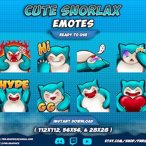 May include: Nine Snorlax emotes in various poses and expressions. The emotes are in a grid format with a blue background. The emotes include "Hi", "Hype", "GG", and a heart. The emotes are available in three sizes: 112x112, 56x56, and 28x28.