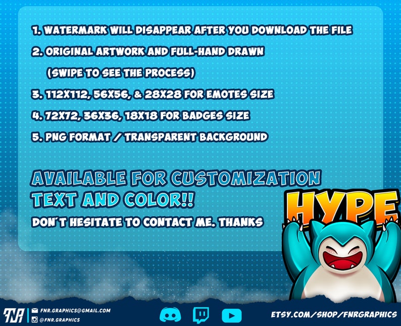 May include: A blue and yellow graphic with the word "HYPE" in large, bold letters. The graphic features a cartoon blue creature with a wide smile and raised arms. The text "AVAILABLE FOR CUSTOMIZATION TEXT AND COLOR!! DON'T HESITATE TO CONTACT ME. THANKS" is displayed above the cartoon creature. The graphic also includes a watermark with the text "FNR.GRAPHICS@GMAIL.COM" and "FNR.GRAPHICS".