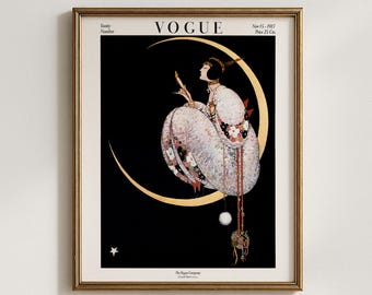 Vogue Fine Art Poster Print, Celestial Crescent Moon Woman, Vintage Fashion Ad, Magazine Cover