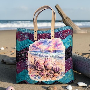 Handmade Quilted Tote Bag, Beach Sunset Design, Patchwork Bag.