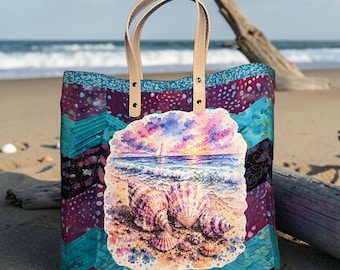 Handmade Quilted Tote Bag, Beach Sunset Design, Patchwork Bag.