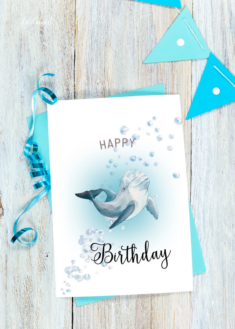 Dolphin Birthday Card Printable Happy Birthday Blank Inside - Etsy