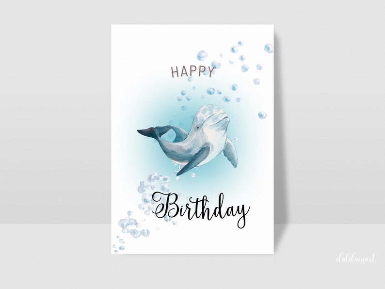 Dolphin Birthday Card Printable, Happy Birthday, Blank Inside, Lovely ...