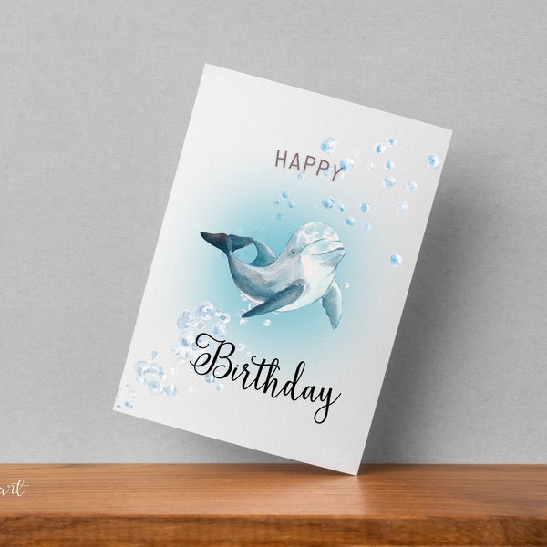 Dolphin Birthday Card Printable, Happy Birthday, Blank Inside, Lovely Dolphin Greeting Card.