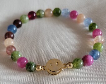 Buntes Turmalinarmband mit Smiley 925 Silber vergoldet