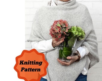 Poncho Knitting Pattern for Beginner . Knitting Tutorial for Woman's Poncho .Easy to knit  Boat neck knit poncho pattern PDF