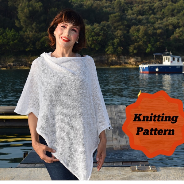 Summer Poncho Knitting Pattern for Beginner .  Pdf Knitting Tutorial for Woman's Poncho .Easy to knit  Boat neck knit poncho pattern