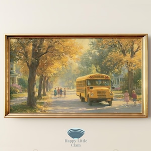 May include: A framed landscape painting depicting a yellow school bus on a tree-lined street during autumn. The scene features golden foliage, a group of children walking on the left, and two children standing on the right side of the road.