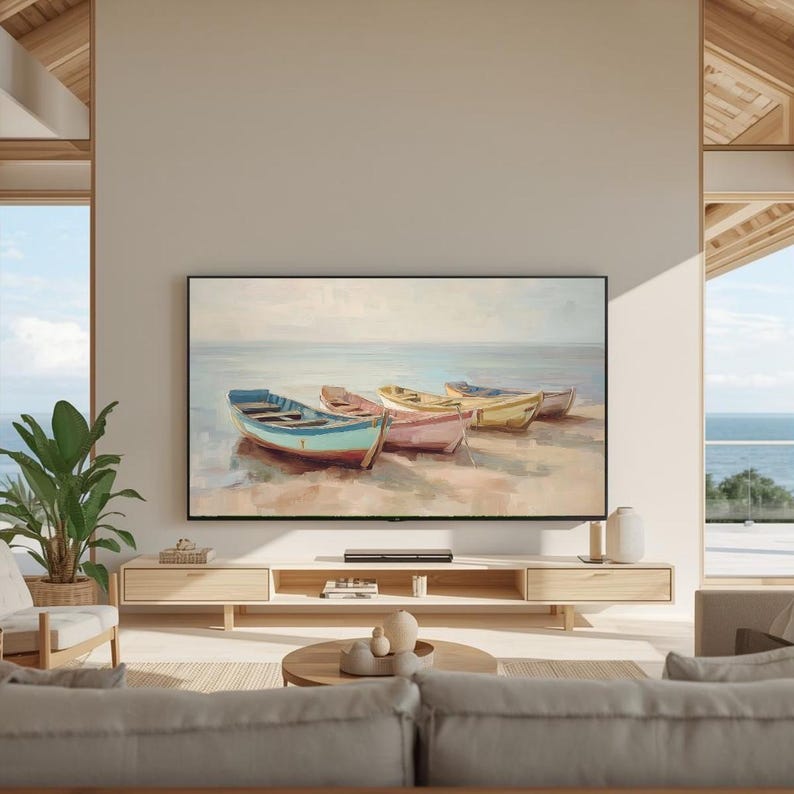 Pink Rowboat Pastel Wooden Boats | Coastal Rowboat Painting | Soft Shoreline Art ...
