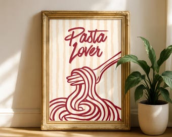 Pasta Lover Kitchen Wall Art – Beige Stripe Printable, Foodie Gift, Italian Decor, Digital Download