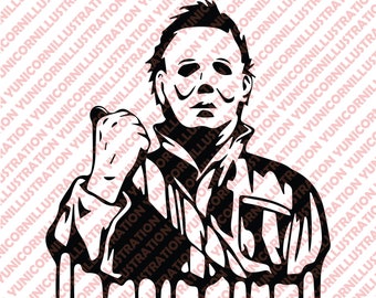 May include: Black and white illustration of a horror movie character with a mask. The character is depicted with a raised fist and dripping paint effects.