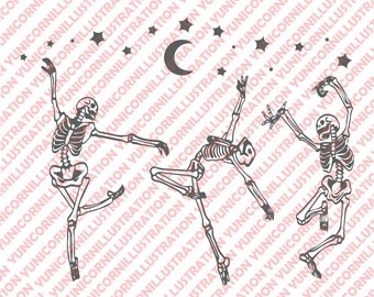 May include: Three skeletons dancing in a ballet pose against a pink background with white stars and a crescent moon. The skeletons are in various poses, with their arms and legs outstretched.
