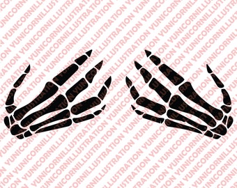May include: Two black skeletal hands with fingers outstretched, against a white background with a repeating pattern of the word "UNICORNILLUSTRATION".