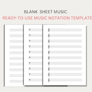 Partitura imprimible, papel de notación musical en blanco, clave de bajo agudo, descarga de carta PDF A4, pentagramas grandes