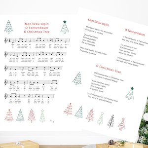 O Christmas Tree Song Printable, Sheet Music With Lyrics, English German français verse, Mon beau sapin, O Tannenbaum