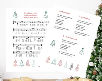 O Christmas Tree Song Printable, Sheet Music With Lyrics, English German français verse, Mon beau sapin, O Tannenbaum