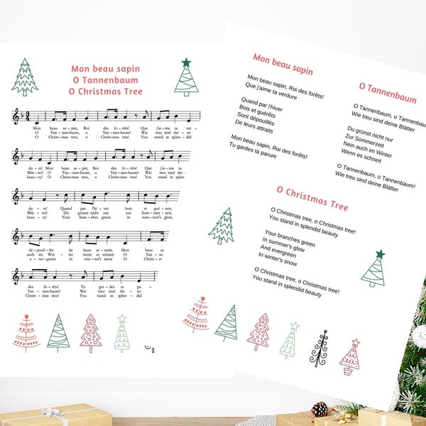 O Christmas Tree Song zum Ausdrucken, Noten mit Texten, Verse Englisch Deutsch Français, Mon beau sapin, O Tannenbaum