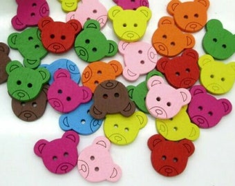 Teddy Bear Head Mixed Colours Wooden Buttons