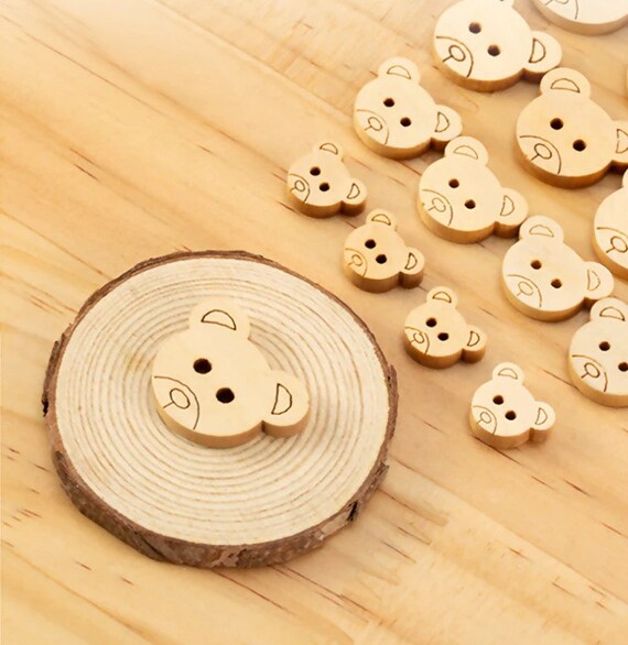 Teddy Bear Buttons: Natural Wood Shapes - Smooth Edges, 3 Sizes