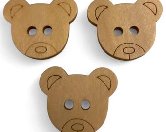 Bear Shaped Wooden Buttons - Natural Wood, 21mm Size