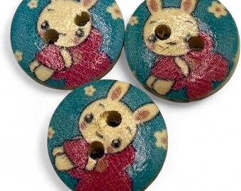 Children's Bunny Buttons: Red and Blue - 15mm Two-Hole Pack Of 10