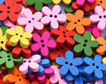 Wooden Flower Buttons: 2-Hole Flatback, Mixed Colors, 100pcs