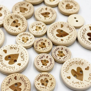 LUXURY WOODEN HANDMADE WITH LOVE BUTTONS - 20mm, 30mm, HEART, SEWING, KNIT,  UK 