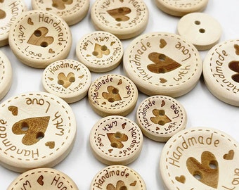 Handmade With Love Wooden Buttons 3 Sizes 15/20/25mm Great For Handmade Knitting Crafts Scapbook Cardmaking