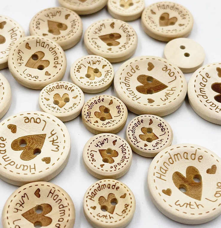 Handmade With Love Wooden Buttons 3 Sizes 15/20/25mm Great for