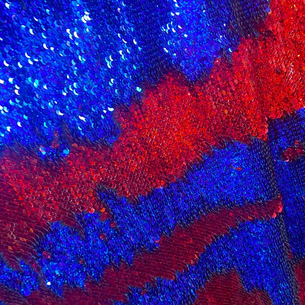 Mermaid 2 way stretch red /R Blue Multi - Colored Sequin reversible fabric Sold By the Yard