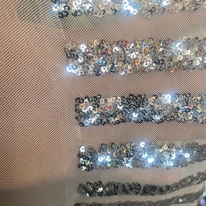 Sequin Stripes  silver mesh silver  detail on mesh 4 way stretch Fabrics Sold by the yard