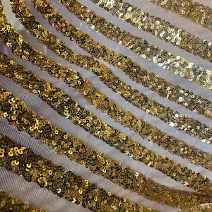 sequins Stripes gold/gold  detail on mesh 4 way stretch Fabrics Sold by the yard