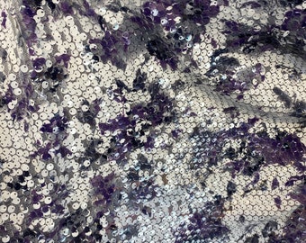 Tía dya purple and white round sequins 2 way stretch fabric sold  by the yard