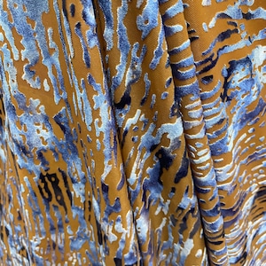 Blue Burnout velvet Fabric 4 way stretch Fabrics sold by the yard with gold and floral details